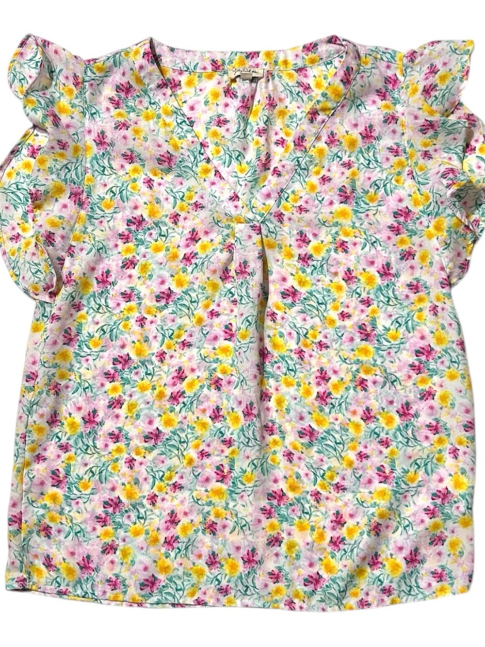 Lily White Pink & Yellow Floral V-Neck Flutter Sleeve Blouse